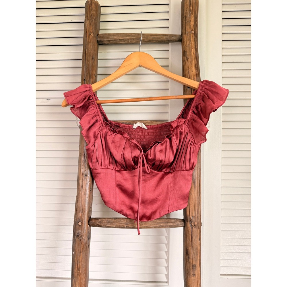 Altar d'state Crop Top‎ Womens Small Burgundy  Satin Ruffle Smock